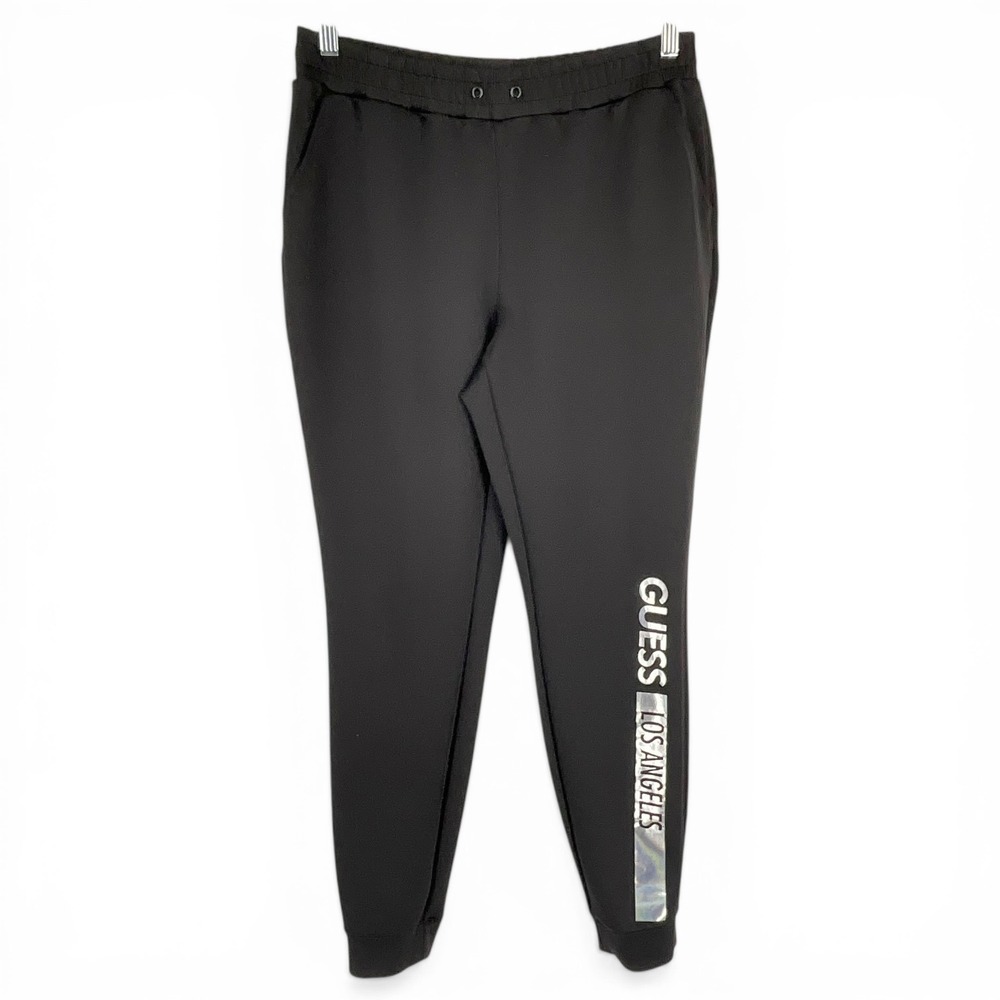 Guess Los Angeles Mens Black Jogger Pants Iridescent Silver Logo Sz M Grunge Y2K